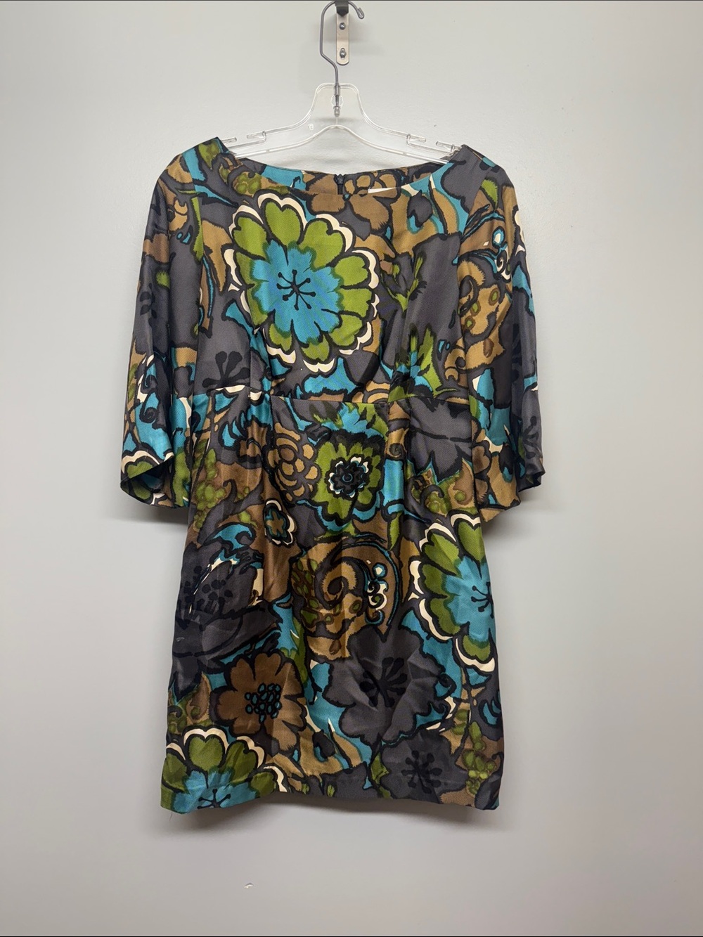 Trina Turk Silk Floral Shift Dress in Teal, Olive & Brown